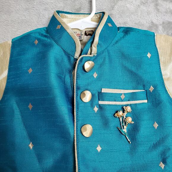 Kurta Suit Jacket & Vest Boys 2 Blue Turqoise Gold Button Front Wedding Indian - Picture 9 of 16